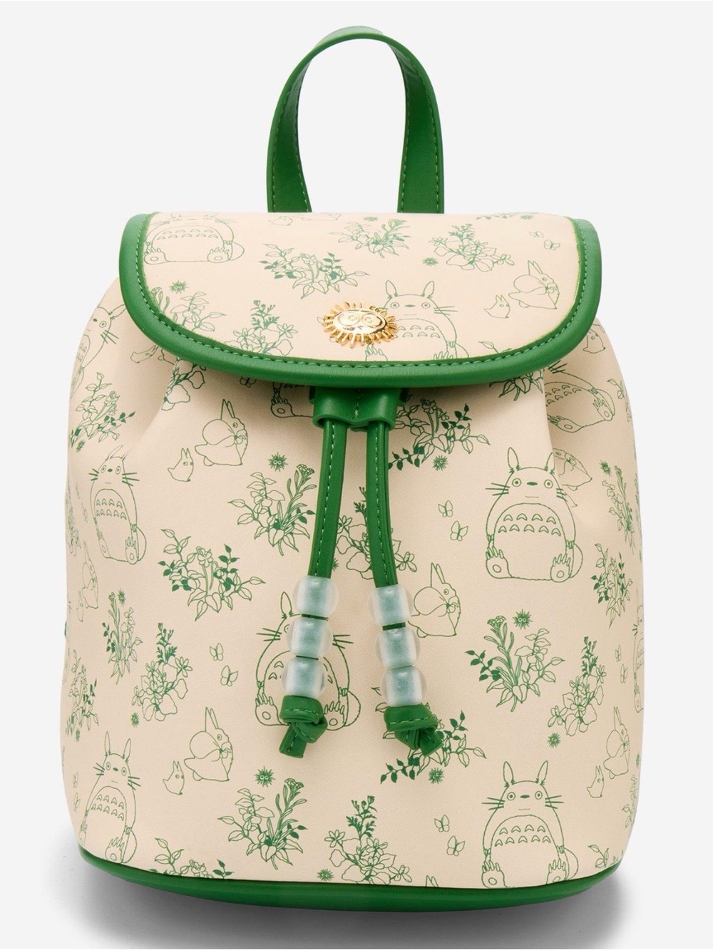 Beige Mini Backpack with Green Trim and Totoro Print